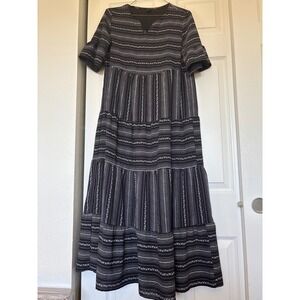 Moosta Tiered Maxi Dress Womens Size 4 Black White Striped Boho Short Sleeve